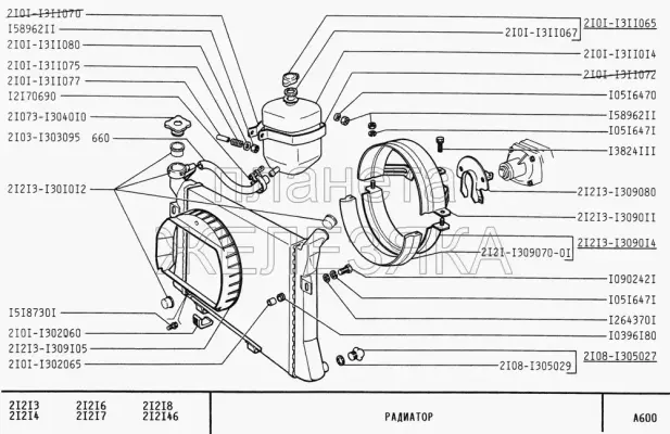 Vista en despiece/croquis del radiador del Lada Niva 1600 cc, 2121 - 