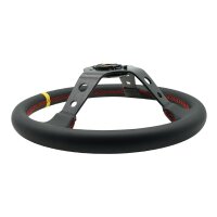 Sportlenkrad in schwarz bezogen, geschüsselt 80mm mit Huppenknopf in Schwarz 35cm