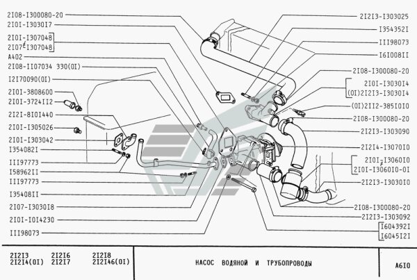 Vista de despiece, esquema de la bomba de agua, termostato, mangueras de radiador de Niva 1600 ccm, 2121