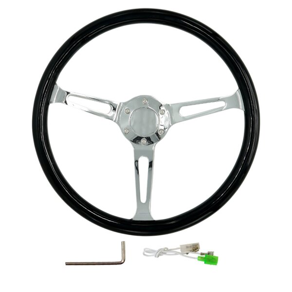 Oldtimer Holzlenkrad Schwarz Lack, Chromspeichen mit Schlitzen Durchmesser, 38cm
