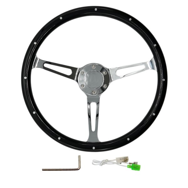 Holzlenkrad Oldtimer Lenkrad Schwarz mit Nieten, Chromspeichen mit Schlitzen Durchmesser 38cm