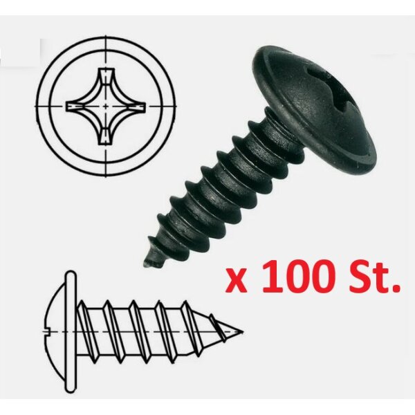 100 x Blechschrauben Stahlschrauben Kreuz selbstbohrend, schwarz verzinkt 4,9 x 14mm  für Blecharbeiten, Karroserie und  KFZ Montage