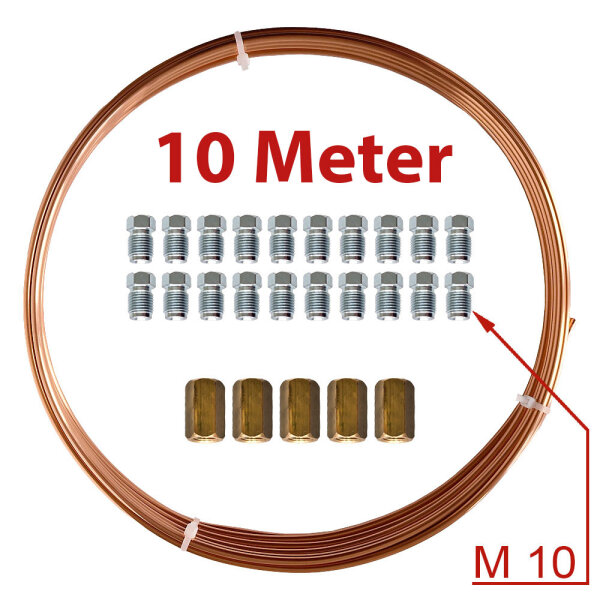 Kupferleitung Bremse Bremsleitung 10 Meter, M10 - 20 Verschraubungen, 5 Verbinder, 4,75mm Durchmesser